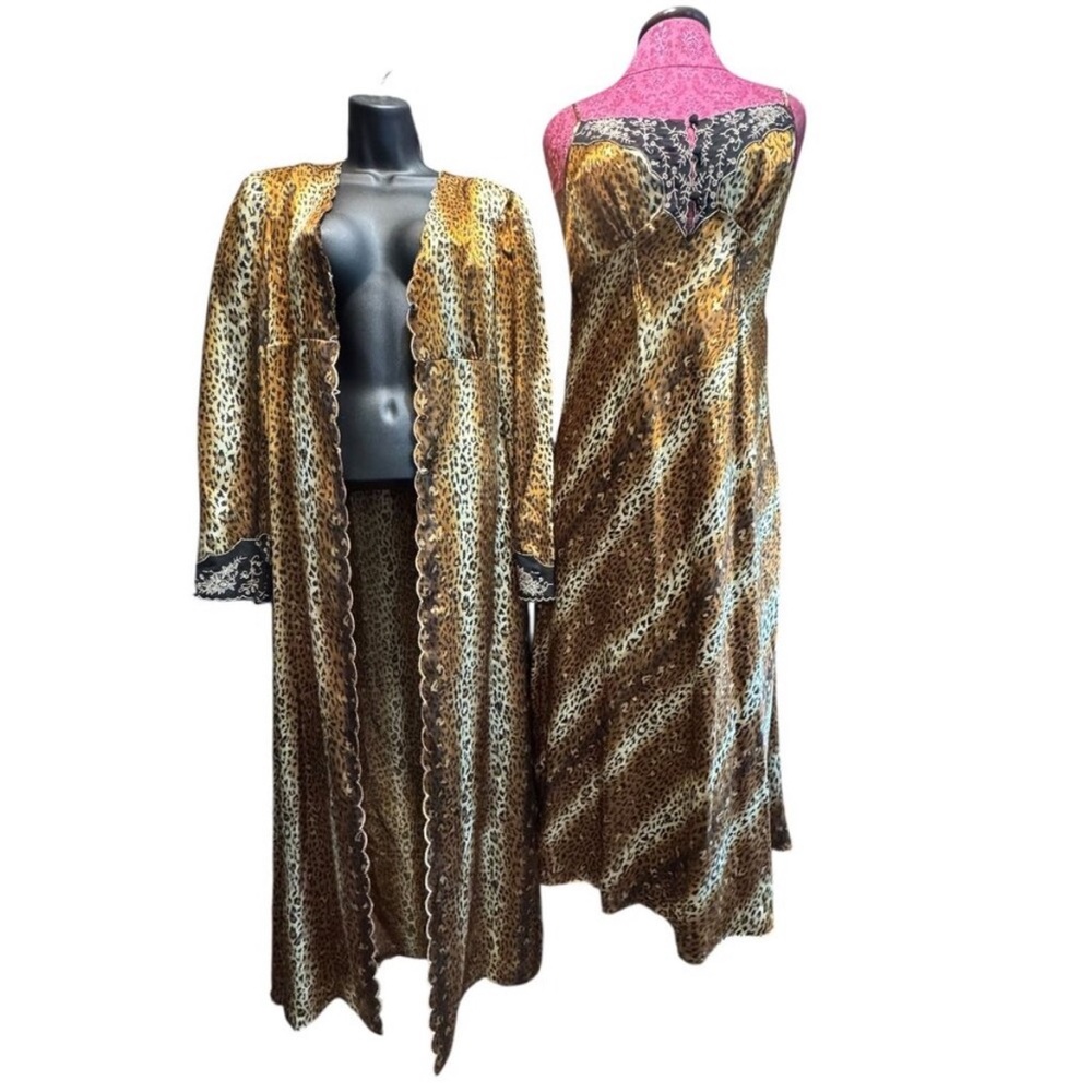Kim Rogers Leopard Print Satin Robe Nightgown Slip Set M
